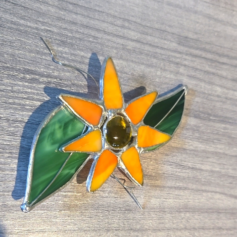 Stained Glass Flower Orange Green W Wire To Attach To Basket Box Decor Crafting